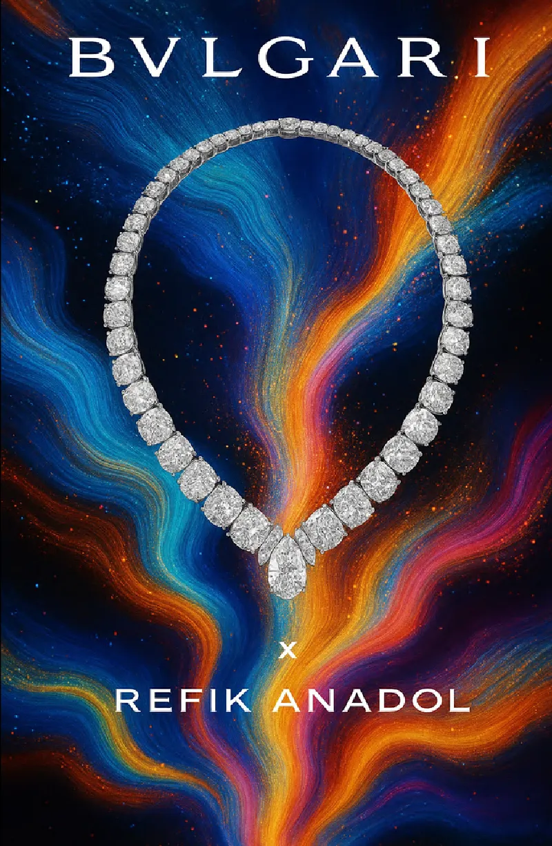 Illustration of the proposed Bulgari × Refik Anadol concept: a diamond necklace over flowing digital colour